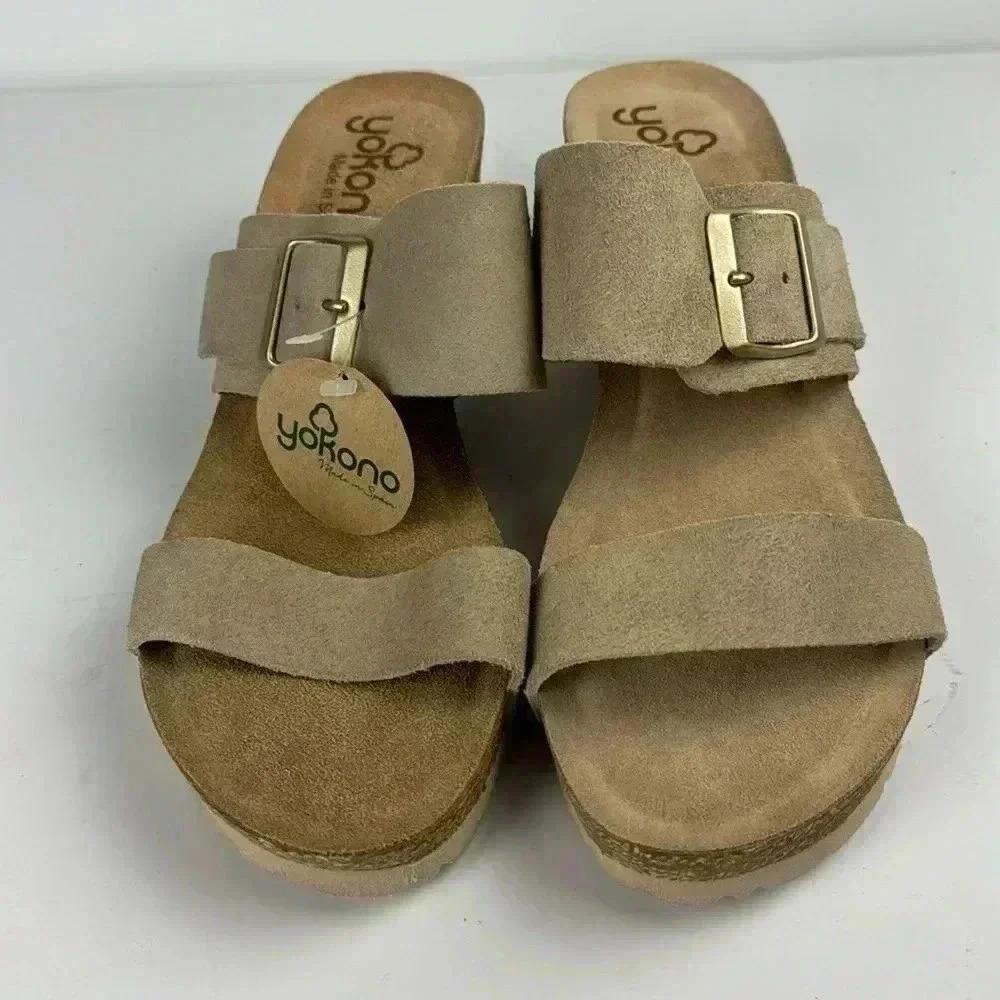 NWT YOKONO SZ 9.5 BEIGE WEDGE CORK GOLD BUCKLE STYLISH COMFORTABLE REAL LEATHER